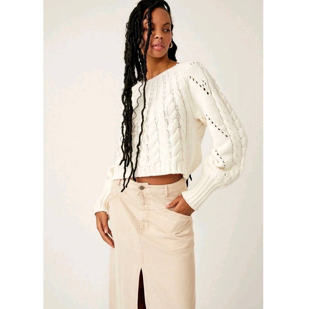 Free People On A Cloud Cable Knit Cropped Sweater Ivory White Small